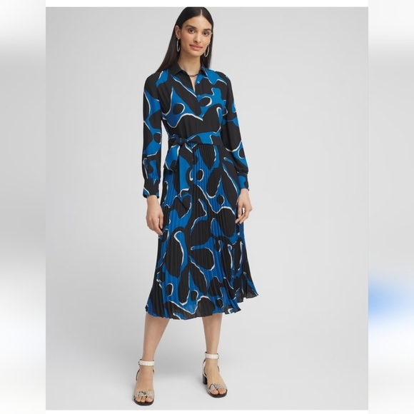 Chico's Pleated Tiered Shirt Dress Women Sz M-L Blue Black Long Sleeve Coastal - Picture 1 of 16